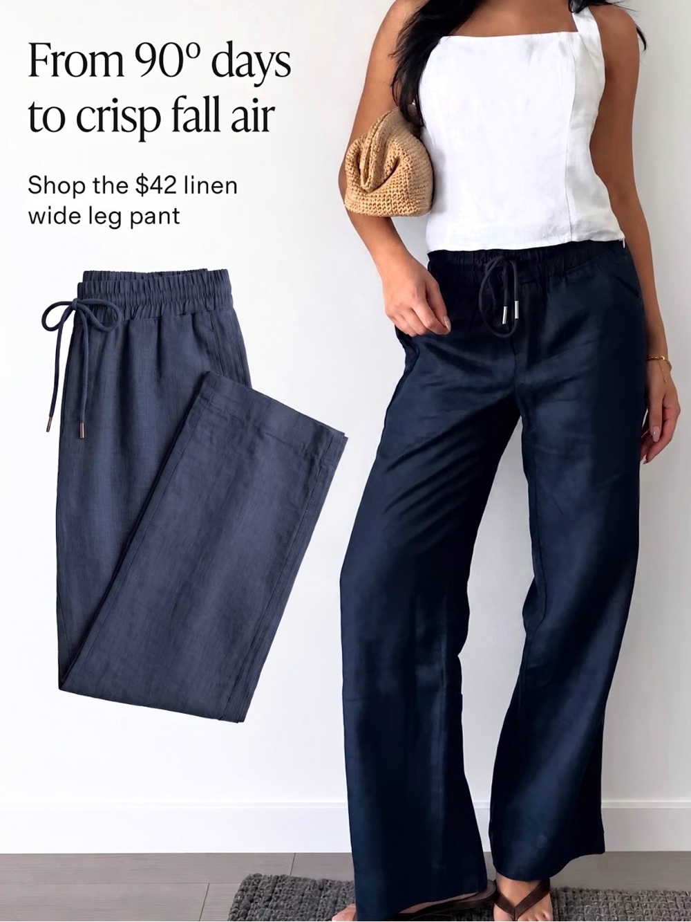 Quince 100% Linen Wide Leg Pull-On Pants Navy Blue Women’s M